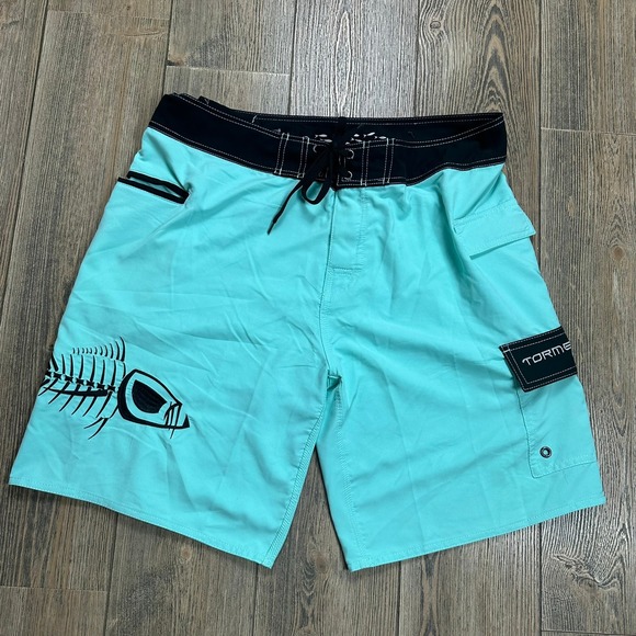 Tormenter Board Shorts Swim Trunks Aqua Blue Fish Skeleton Graphic Mens Size 38 - Picture 1 of 8